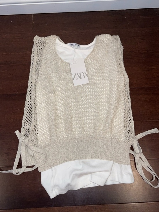 Tops - zara white tank with metallic mesh overlay with side ties large nwt